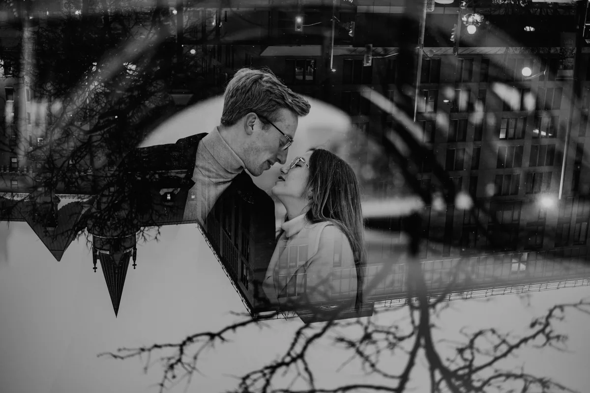 Kaitlyn and Alex during their engagement shoot on the frozen canal